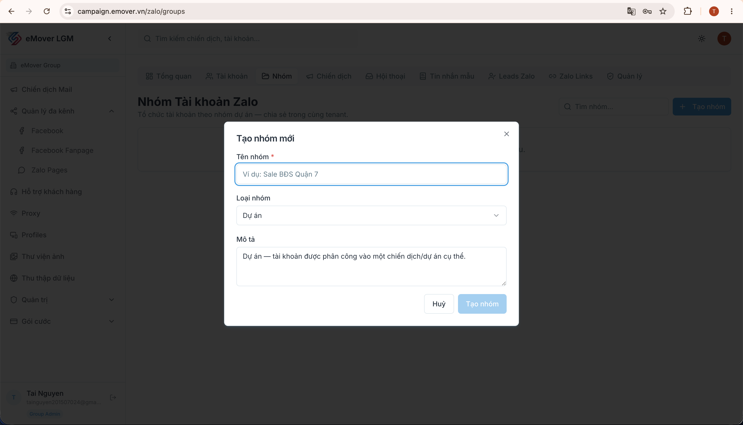 Tạo nhóm tài khoản theo dự án/chiến dịch